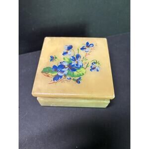 Vintage Alabaster Powder Box Vanity Item Blue Floral Stone Trinket Ring Box